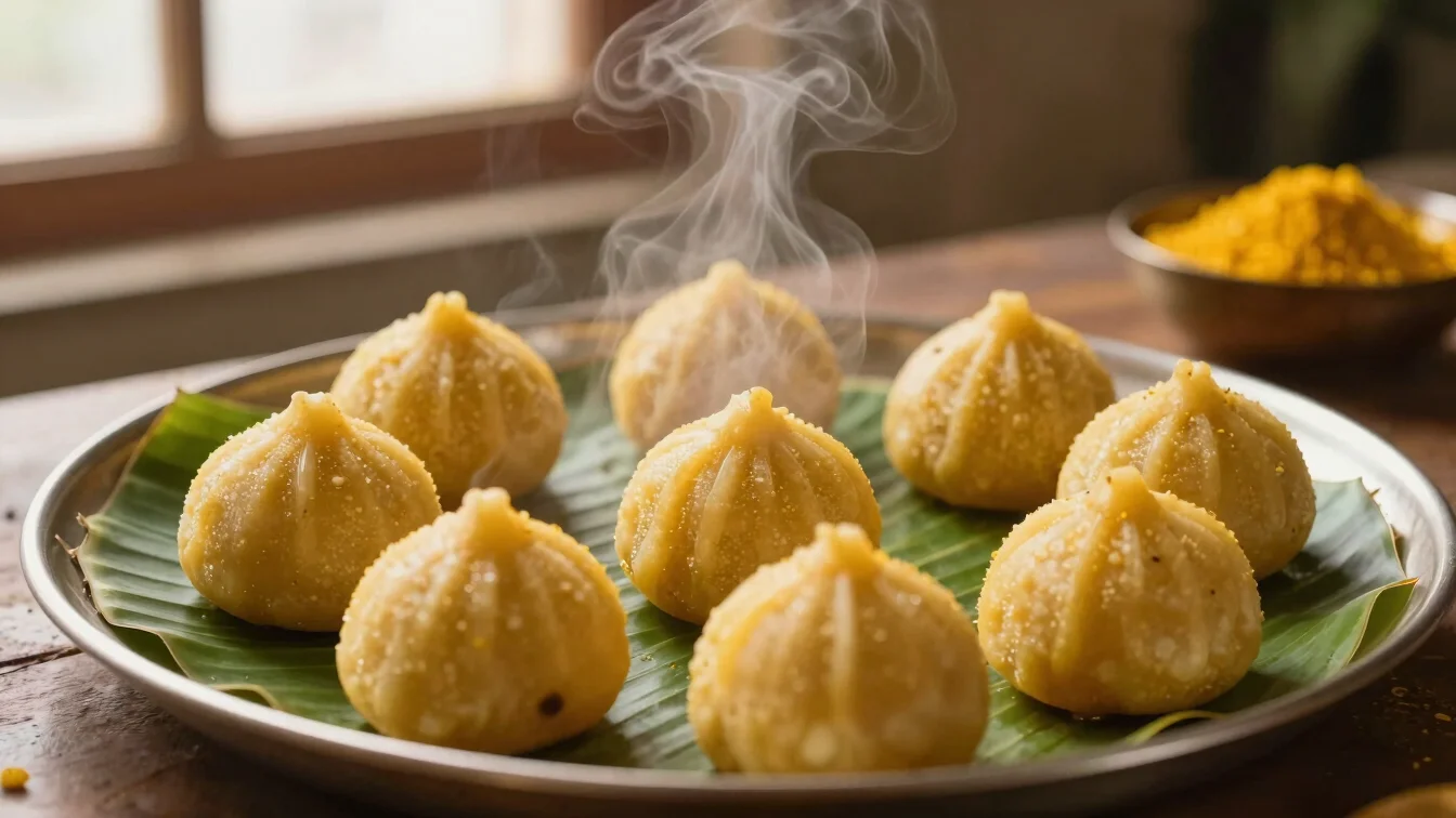 Freshly steamed Ukadiche Modak on a banana leaf platter, visible