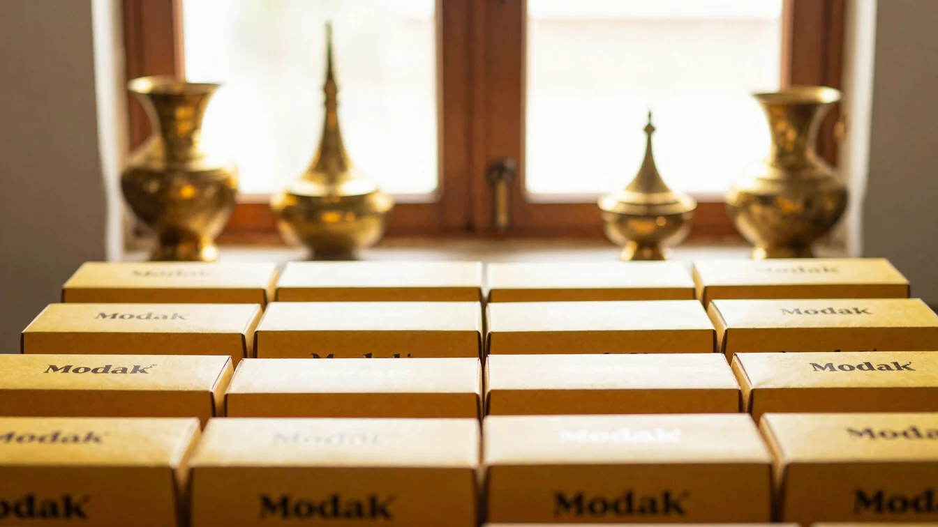 Modak boxes ready for local delivery, soft golden light, traditio