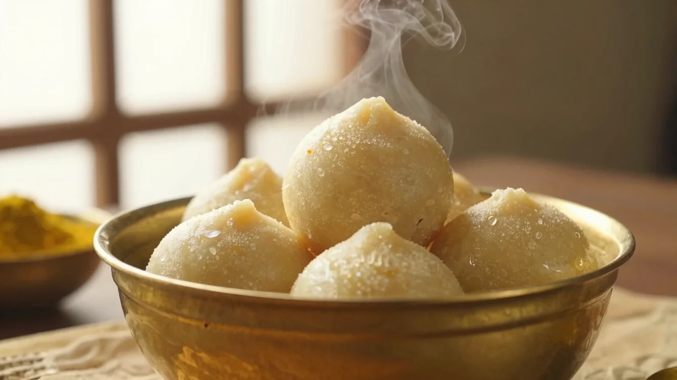 Freshly steamed Ukadiche Modak in a traditional brass tiffin box, ready for delivery, soft golden light, shallow depth o