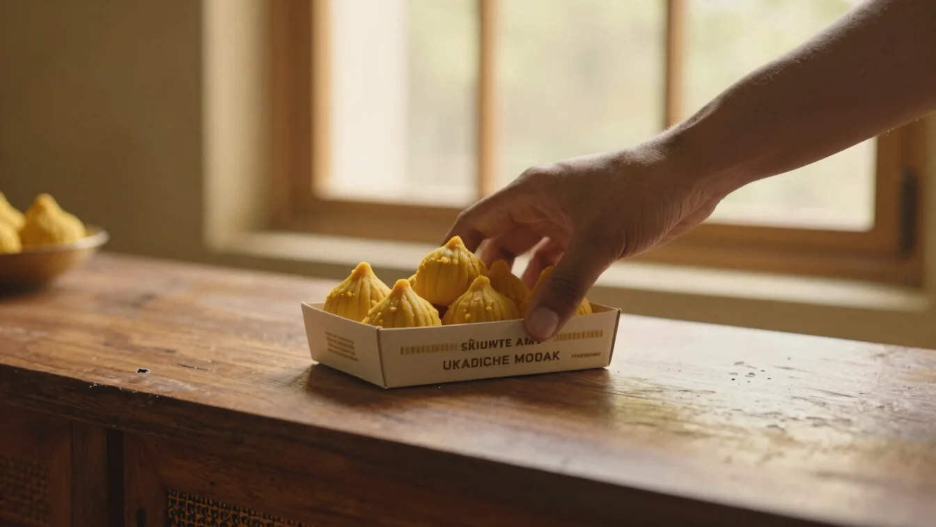 Hands gently placing a box of Ukadiche Modak on a traditional wooden counter, soft golden window light, shallow depth of