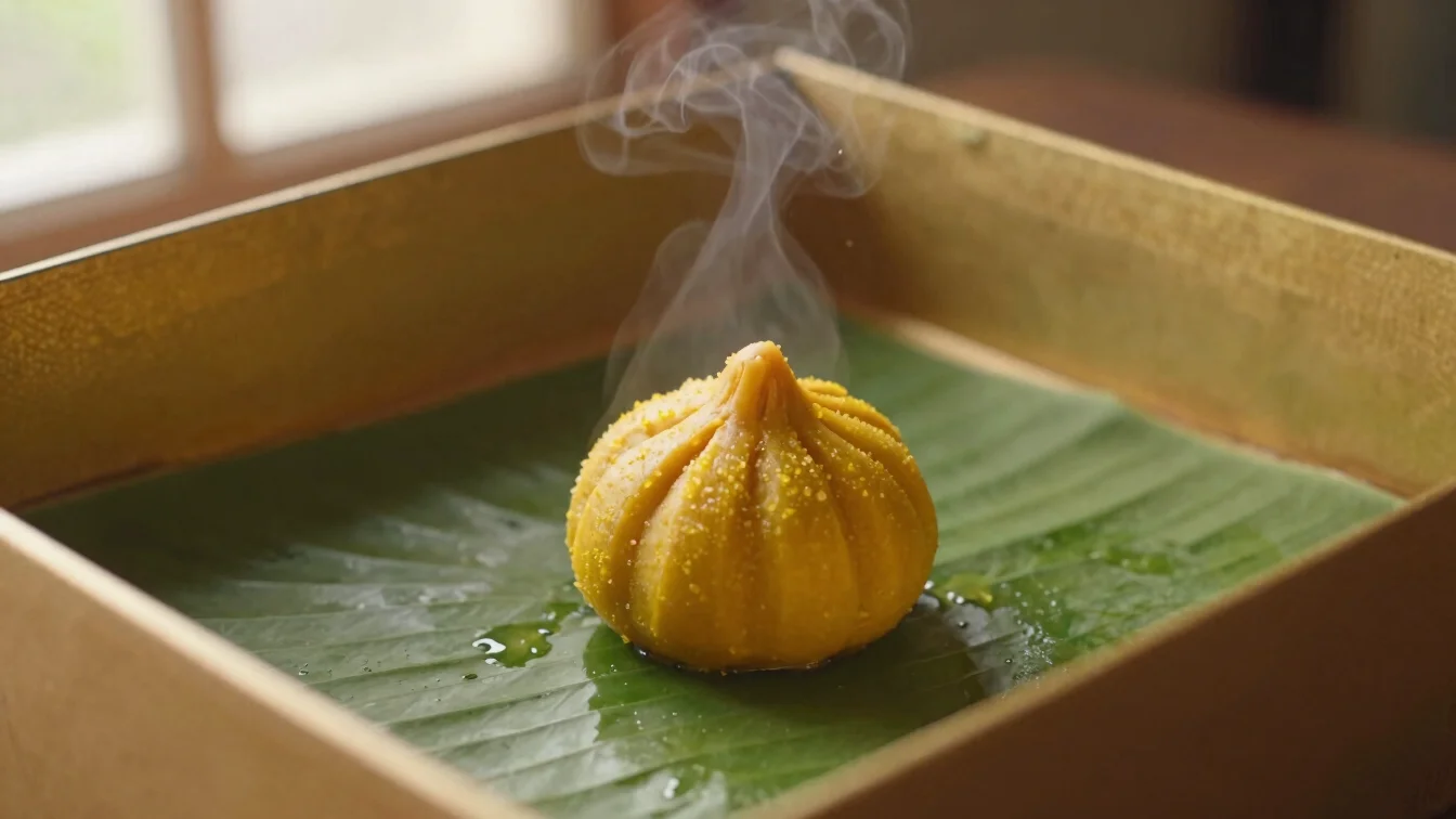 Close-up of a single Ukadiche Modak on a banana leaf, steam rising, inside a thoughtfully designed box, soft golden ligh