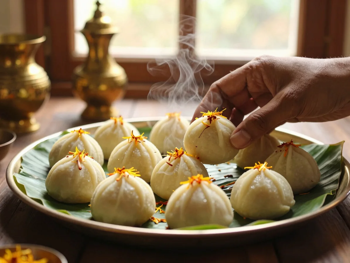 Close-up of freshly steamed Ukadiche Modak on a banana leaf, garnished with saffron, in soft golden window light, hands