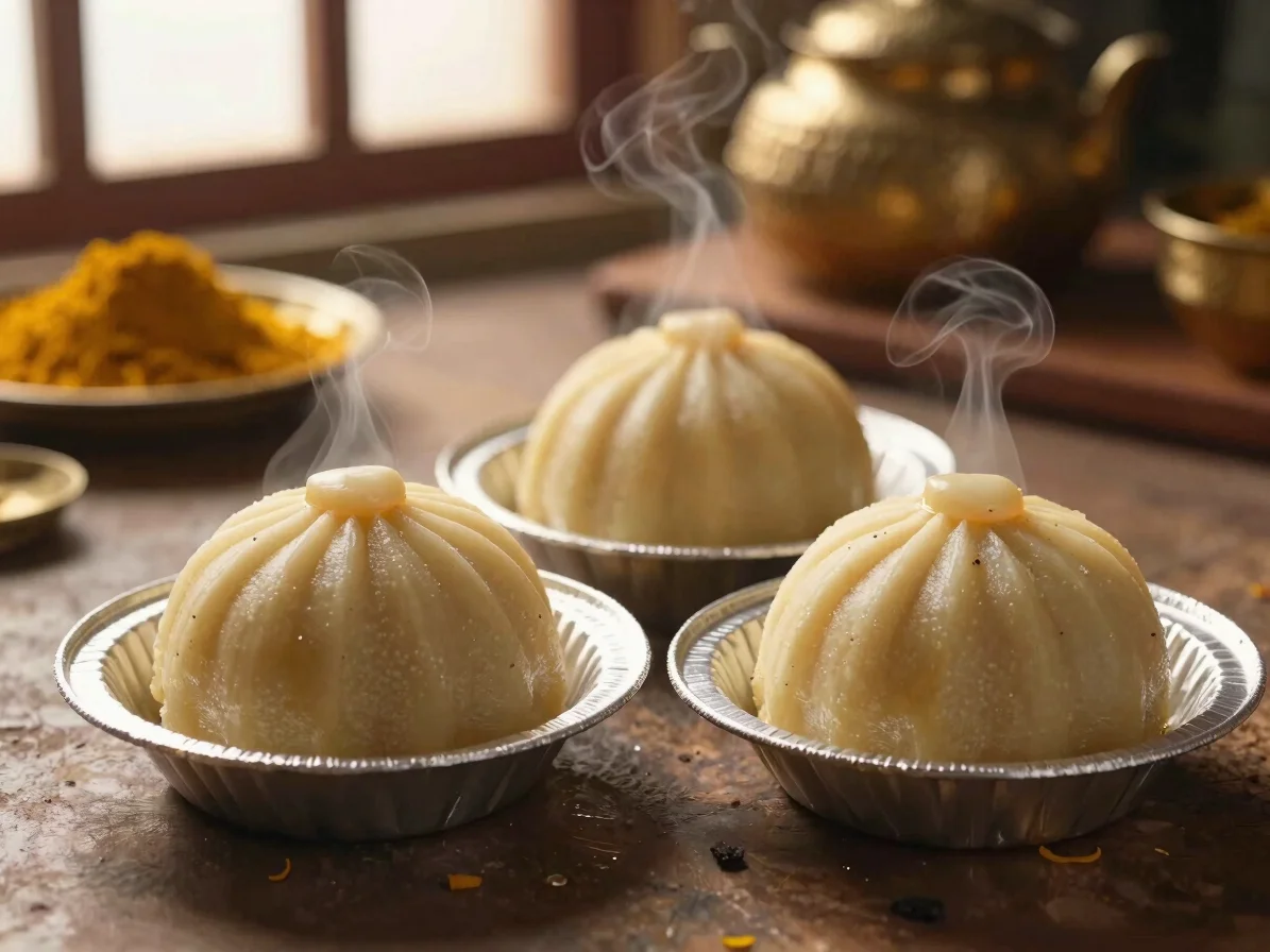 Overhead shot of two freshly steamed Ukadiche Modak in eco-friendly insulated packaging, with a blurred background of tr