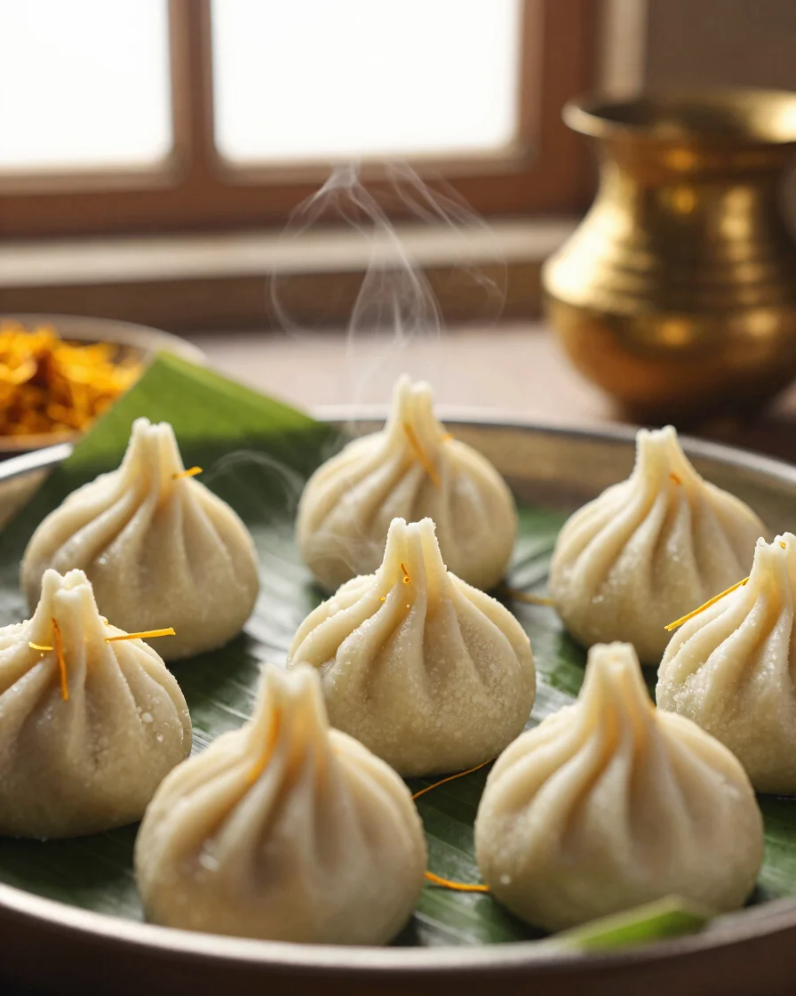 Close-up macro shot of delicate Ukadiche Modak pleats garnished w